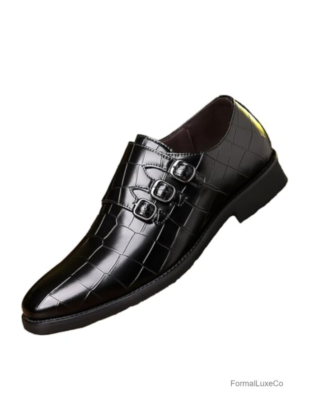 Men's Printed Pointed Toe Monk Strap Oxford Slip On Loafer PU Leather Dress Shoe